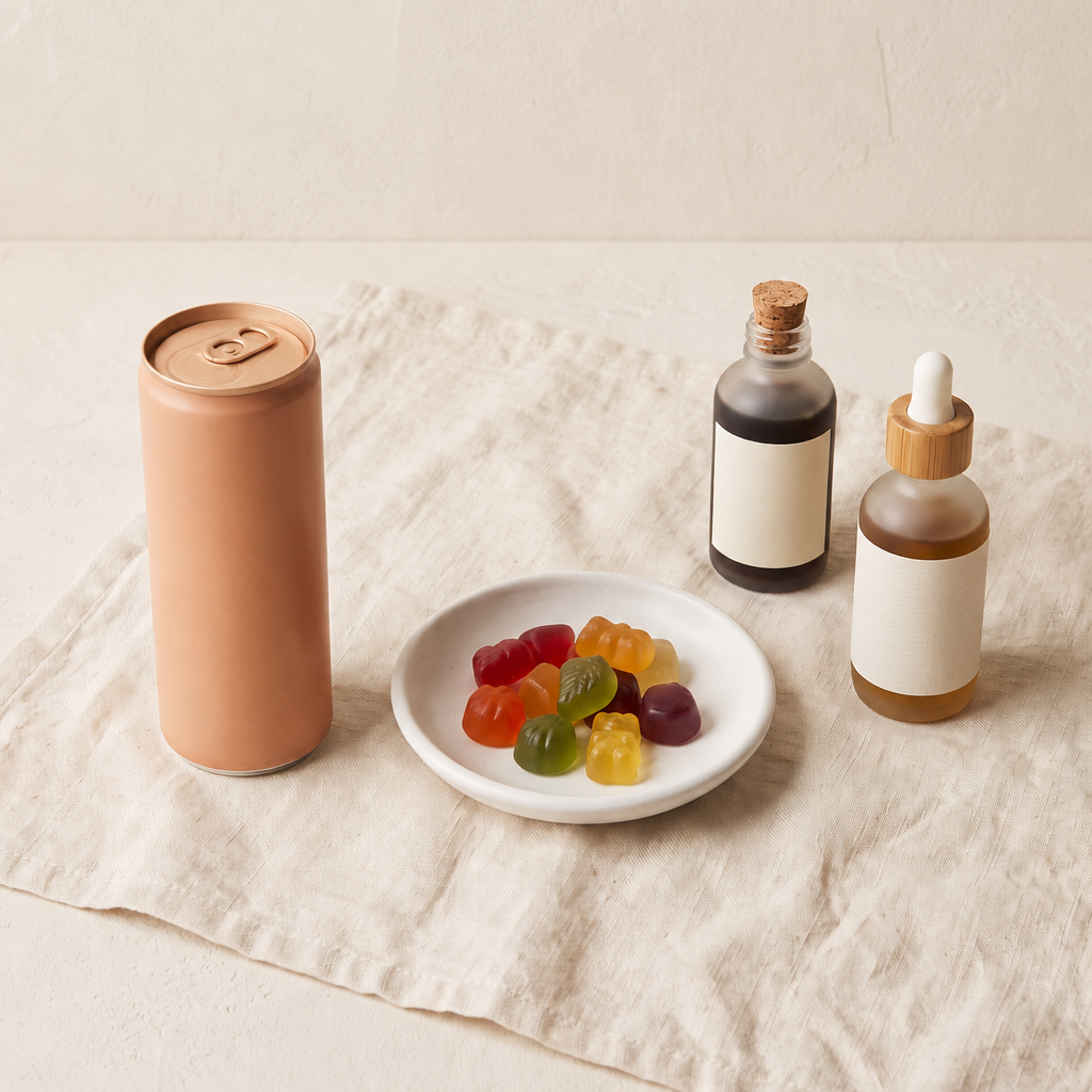 Hemp gummies tinctures and beverages shop by category flat lay
